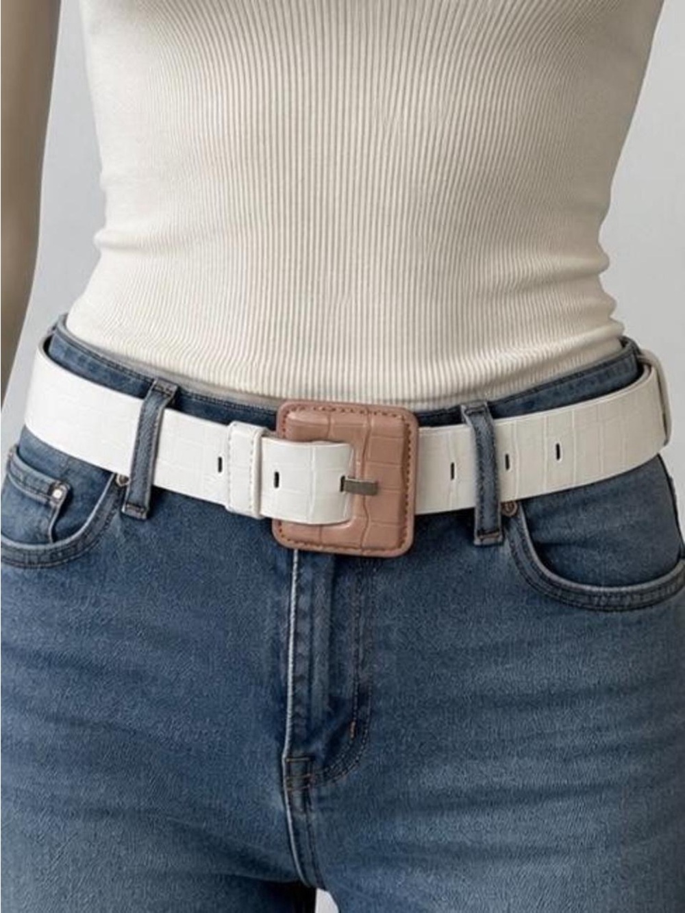 Classy white Croc-Texture Belt with pinky Tan Square Buckle
